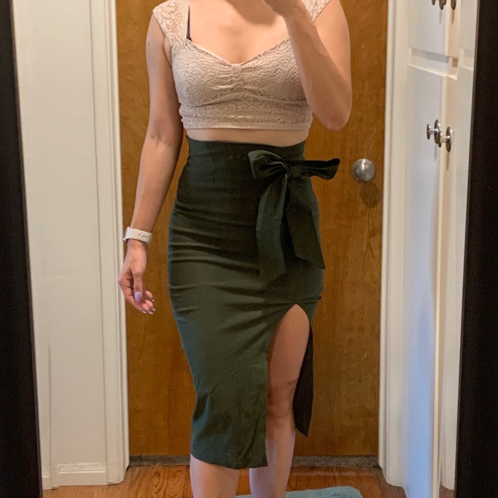 Naked Wardrobe Midi Skirt With Slit & Bow Size S